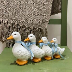 Vintage Ceramic Duck Family Figurines – Geese with Blue Bows – Farmhouse Decor